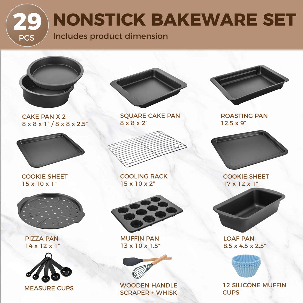 HONGBAKE 29-Pcs Nonstick Carbon Steel Bakeware Set, Baking Pan Set with Baking Sheets, Cake Pans, Loaf Pan & Muffin Pan, Grey