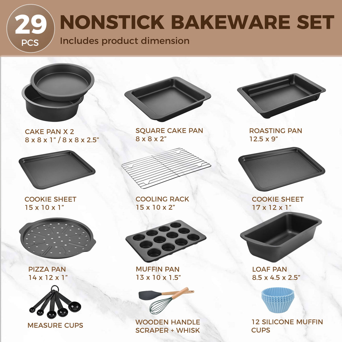 HONGBAKE 29-Pcs Nonstick Carbon Steel Bakeware Set, Baking Pan Set with Baking Sheets, Cake Pans, Loaf Pan & Muffin Pan, Grey