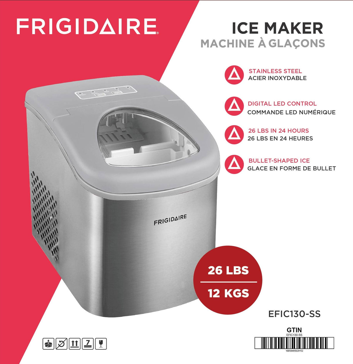 Frigidaire 26 lb Bullet Ice Maker Stainless Steel - compact, high-capacity icemaker producing bullet-shaped ice ideal for kitchens, parties, and entertaining