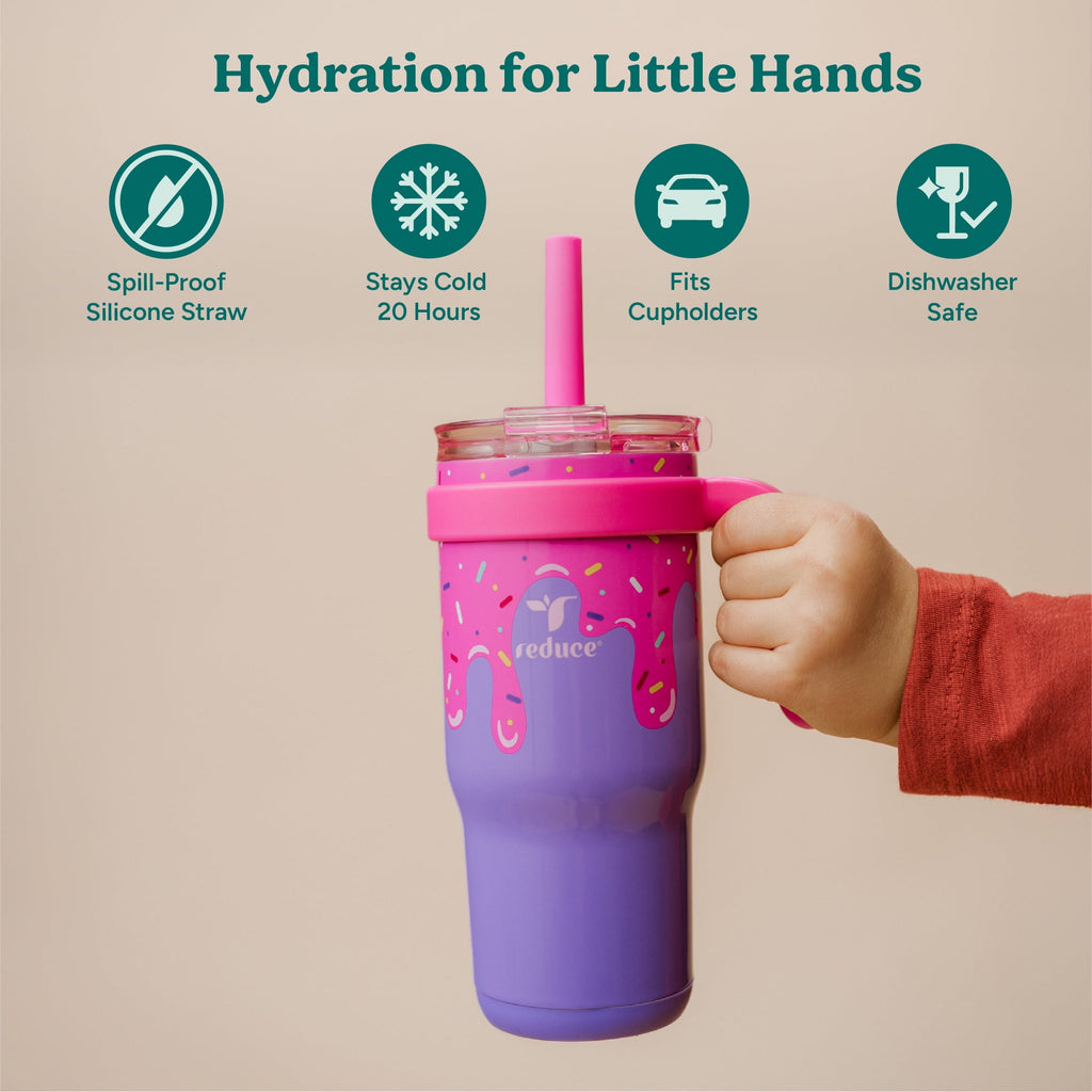 Reduce Coldee Kids Insulated Tumbler with Straw, 18oz Stainless Steel Spill-Proof Cup with Handle, Smiles