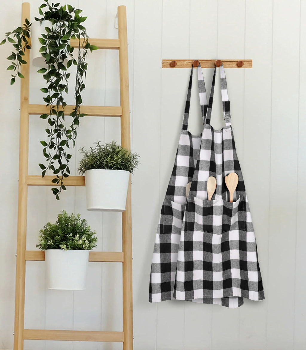 Softopia Cotton Buffalo Plaid Check 2 Pack Kitchen Aprons with Pocket 100% Cotton 27"x33" - Adjustable Neck Apron for Adults Cooking, Black White