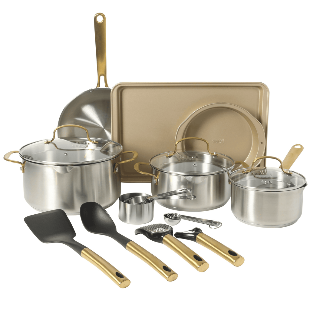 Gibson Home 55-Piece Stainless Steel Cookware Set, Cooking Pots and Pans with Dinnerware, Bakeware, & Utensils