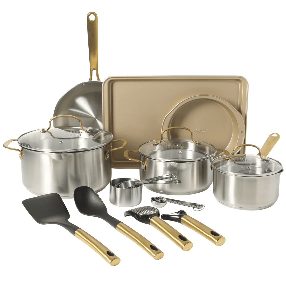 Gibson Home 55-Piece Stainless Steel Cookware Set, Cooking Pots and Pans with Dinnerware, Bakeware, & Utensils