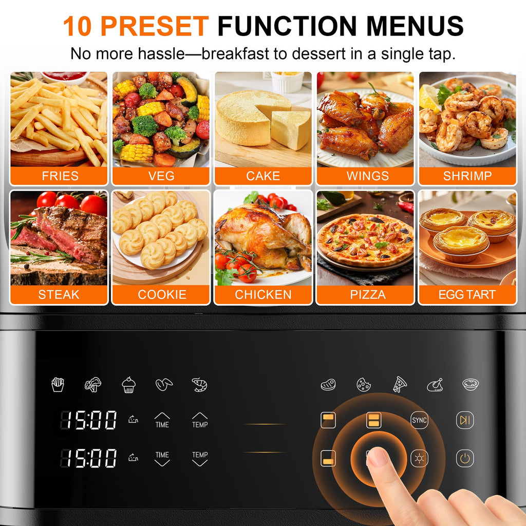HoninJoy 13 QT Stack Double Basket Air Fryer, Space Saving Design, 10-in1 Air Fryer, Roast, Bake & More, Easy to Clean, Dishwasher Safe Parts