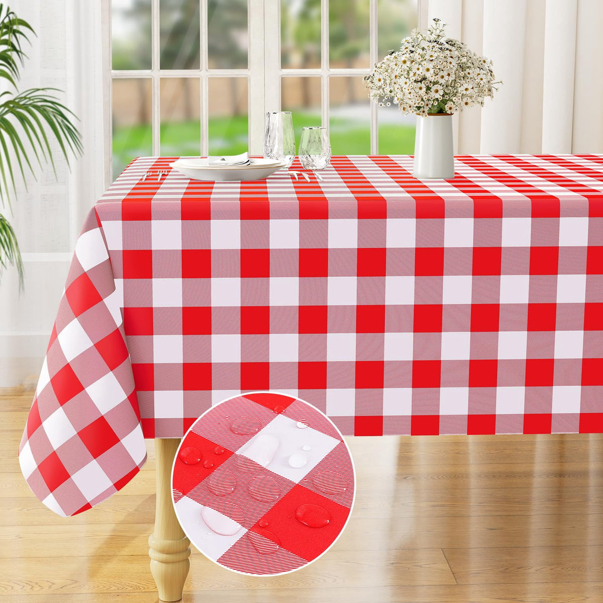 decorUhome Rectangle Tablecloth, Waterproof Vinyl Flannel Backed Table Cloth, Buffalo Wipeable Plastic Table Cover for Kitchen and Outdoor, Black and White, 60" x 84"