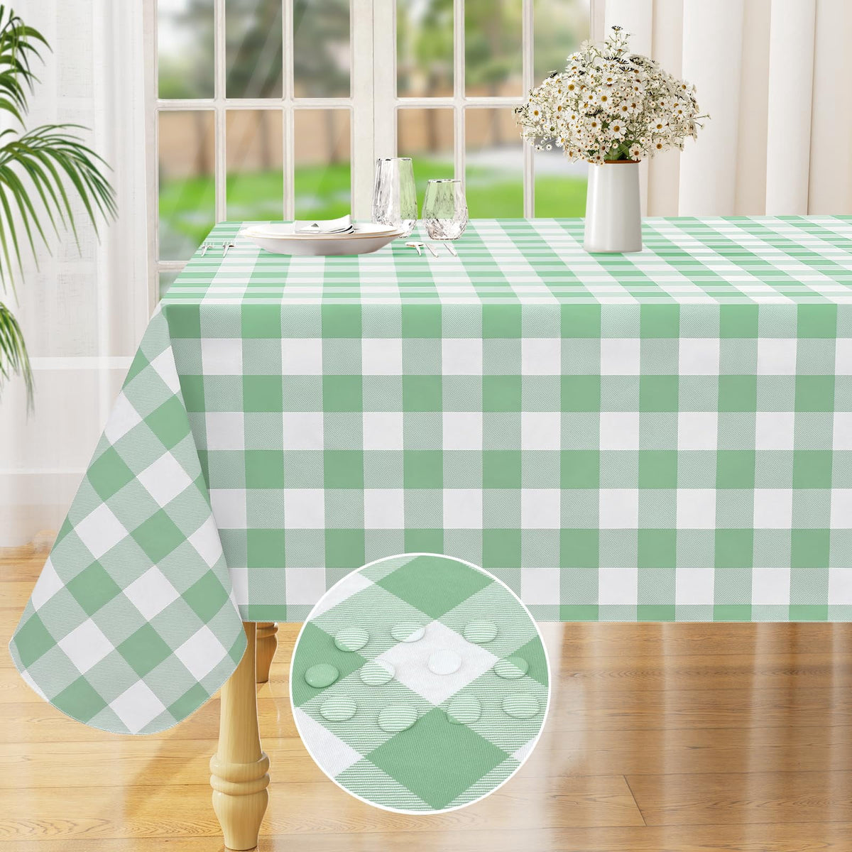 decorUhome Rectangle Tablecloth, Waterproof Vinyl Flannel Backed Table Cloth, Buffalo Wipeable Plastic Table Cover for Kitchen and Outdoor, Black and White, 60" x 84"