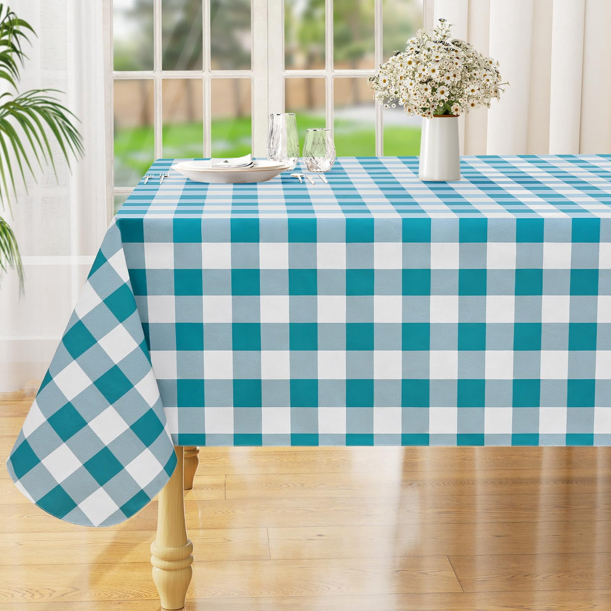decorUhome Rectangle Tablecloth, Waterproof Vinyl Flannel Backed Table Cloth, Buffalo Wipeable Plastic Table Cover for Kitchen and Outdoor, Black and White, 60" x 84"