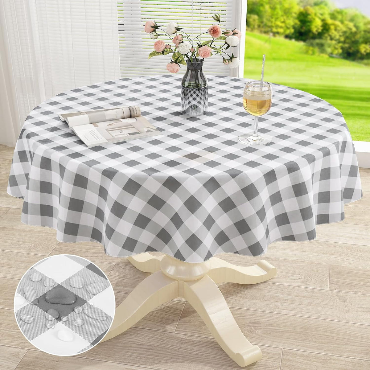 decorUhome Rectangle Tablecloth, Waterproof Vinyl Flannel Backed Table Cloth, Buffalo Wipeable Plastic Table Cover for Kitchen and Outdoor, Black and White, 60" x 84"