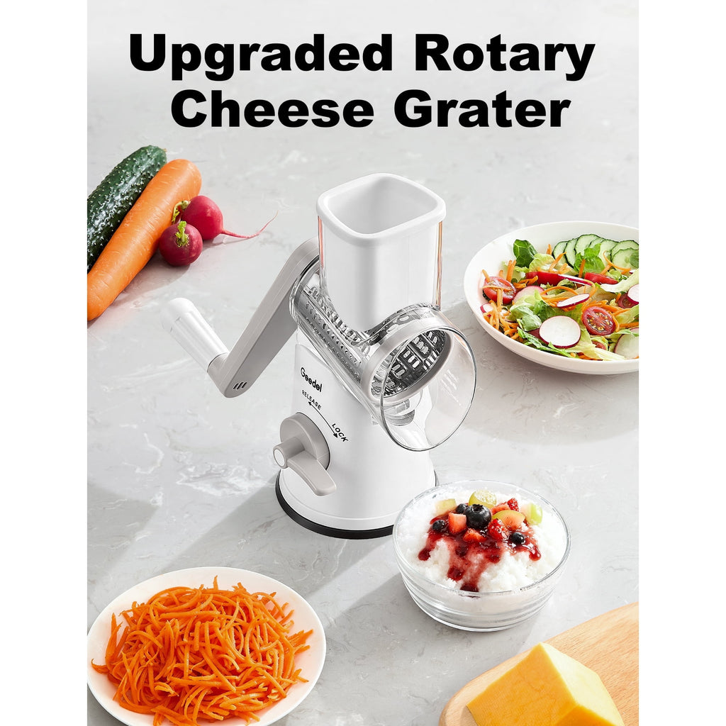 Geedel Rotary Cheese Grater, Kitchen Grater with Strong Suction Base, Dishwasher Safe, Easy to Clean Grater for Cheese,Vegetable, Nuts (3 Blades)