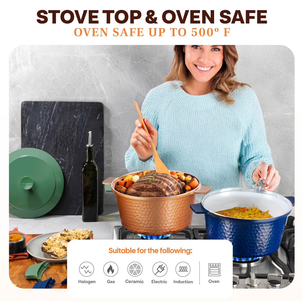 Gotham Steel Ceramic Hammered 5 Qt Lightweight Dutch Oven Pot with Lid & Holders, Oven Safe & Even Heat Retaining Dutch Oven for Bread Baking Sourdough, Soup, 70% Lighter than Cast Iron, Navy