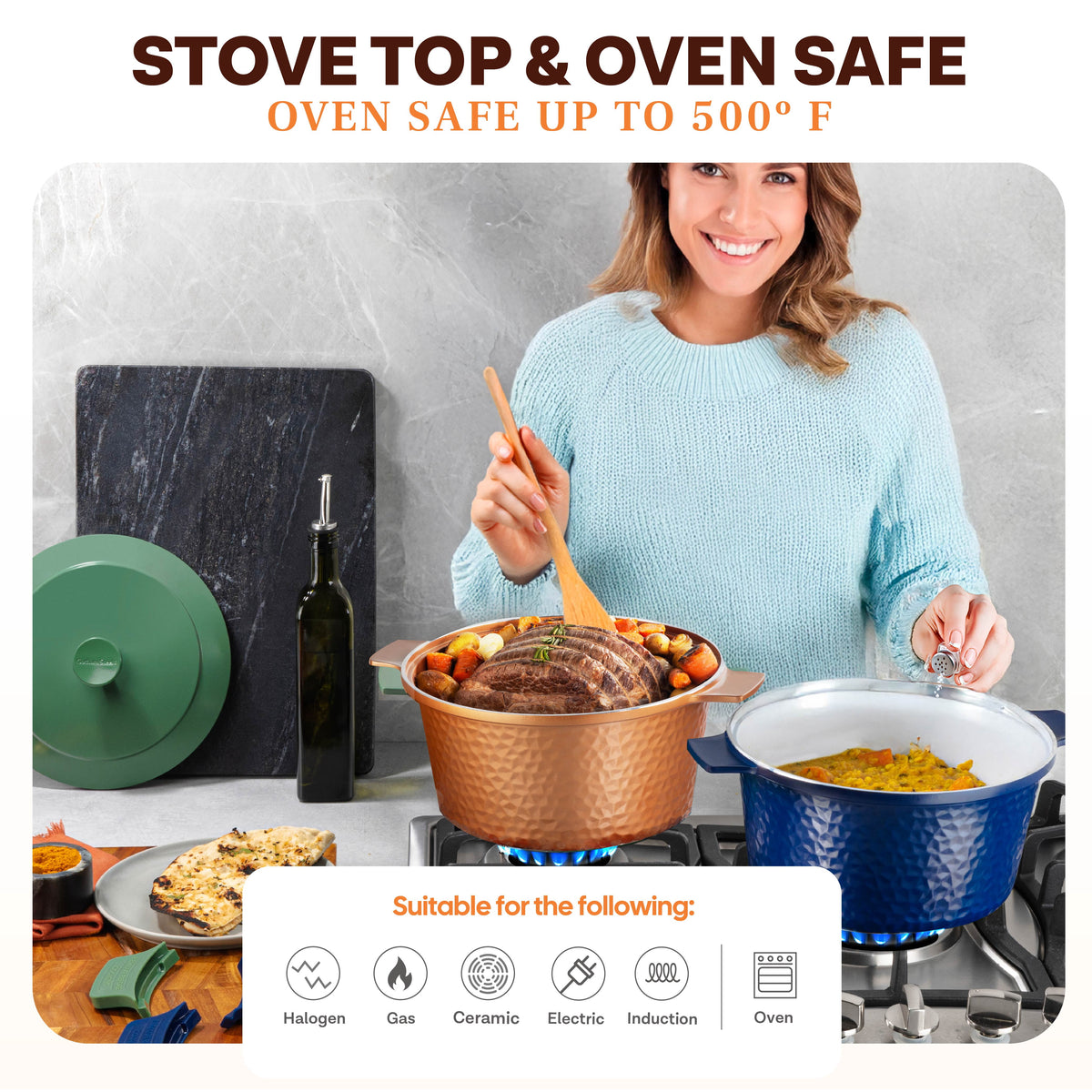 Gotham Steel Ceramic Hammered 5 Qt Lightweight Dutch Oven Pot with Lid & Holders, Oven Safe & Even Heat Retaining Dutch Oven for Bread Baking Sourdough, Soup, 70% Lighter than Cast Iron, Navy