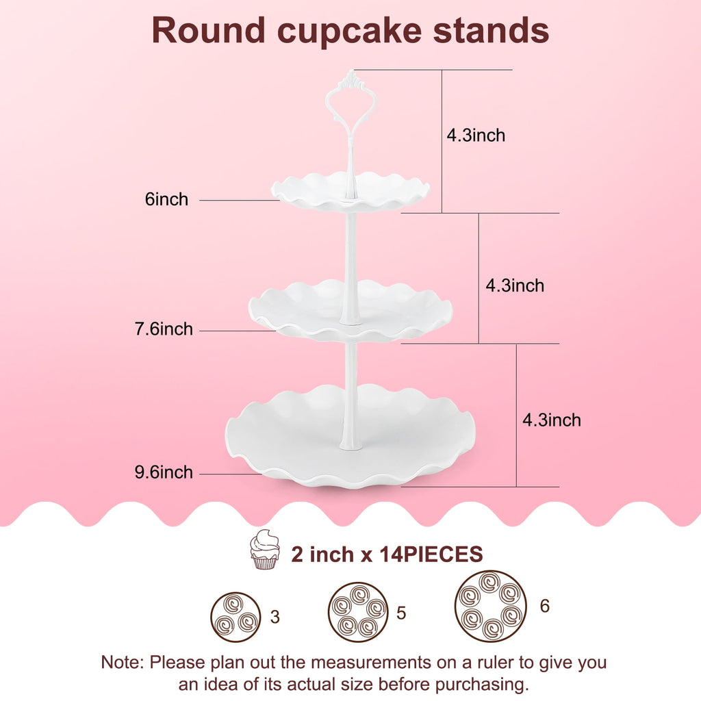 TINANA 10 PCS Plastic Cake and Cupcake Stand Set, 3 Two-Tier Stands, 3 Three-Tier Stands, 4 Trays for Birthday and Baby Shower Parties, White
