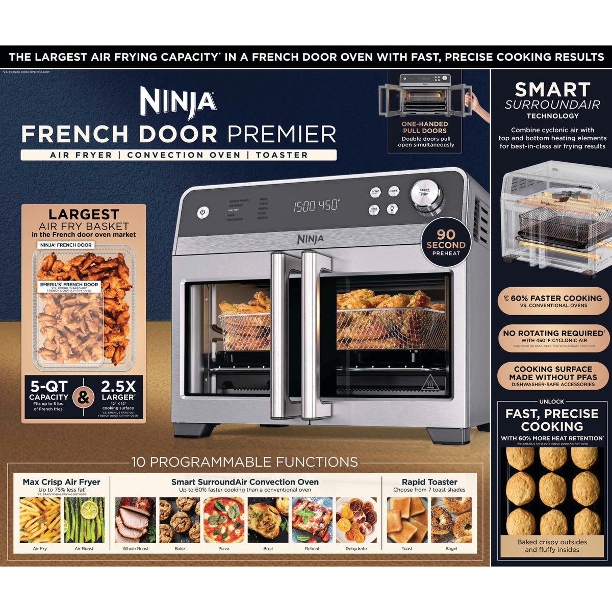 Ninja French Door 8-in-1 Countertop Oven, with Smart Surroundair Technology and Air Fry Function, Dishwasher Safe, 6 Pieces, FO100 Silver