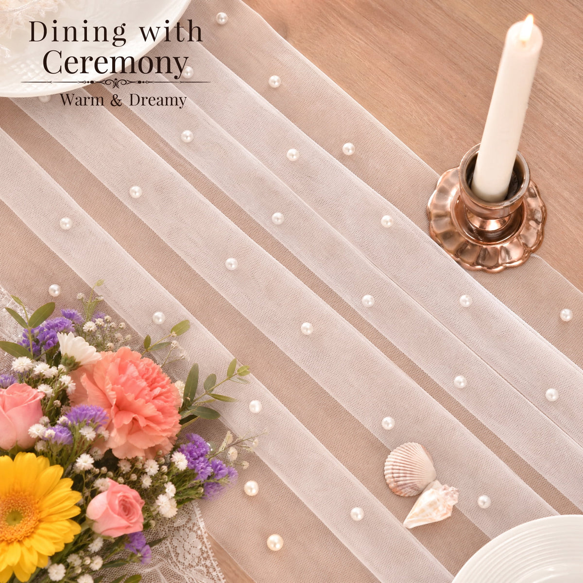 Inosoo Pearl Gauze Table Runner 30x120 inch, 10FT Sheer Tulle Table Decor with Shatterproof Pearls for Wedding Party Dining, White