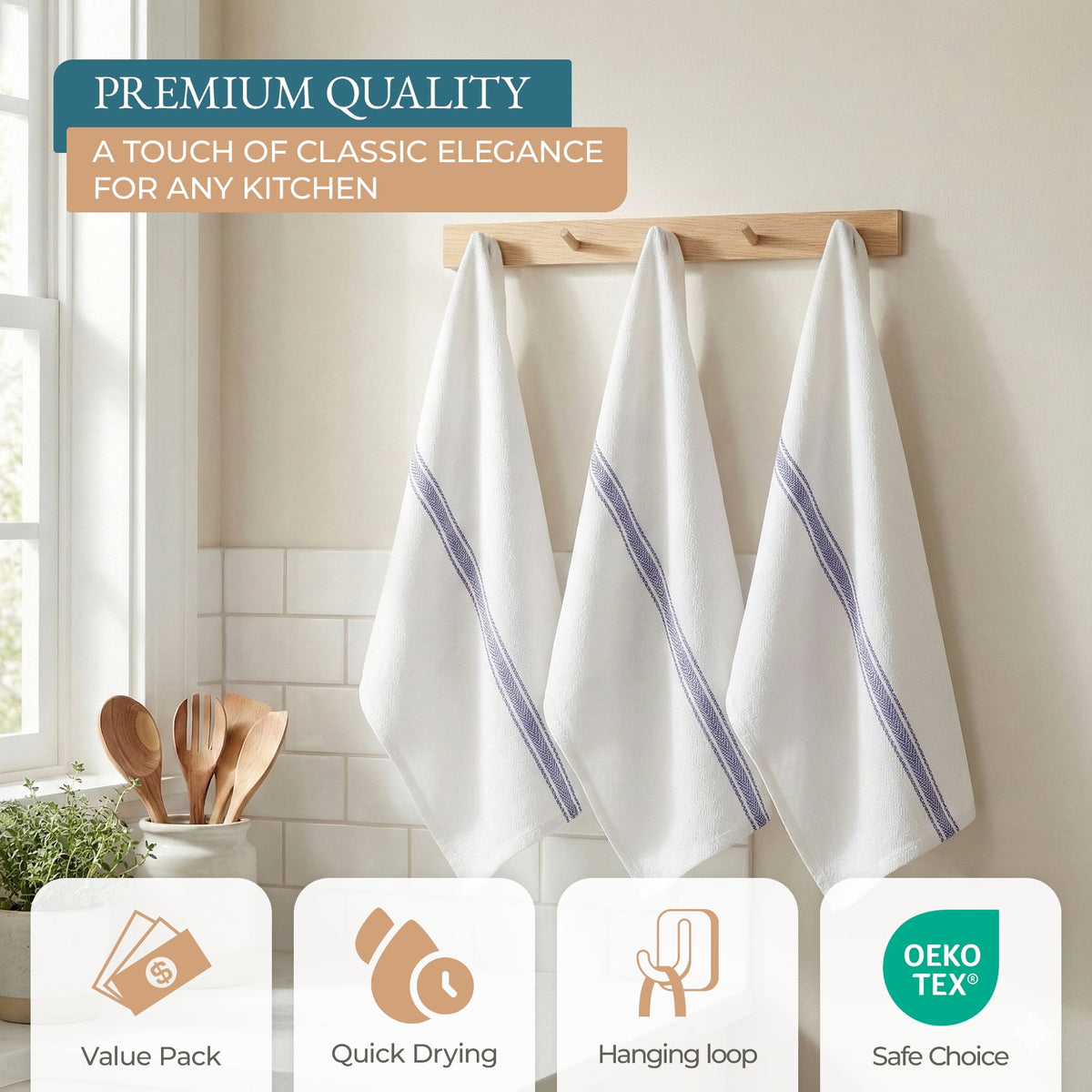 Kitchen Towels Set - 100% Pure Cotton Super Absorbent Hand Towel, Grey Tea Towels, Soft & Durable, Pack of 12 – 15”x25”, Grey Stripe