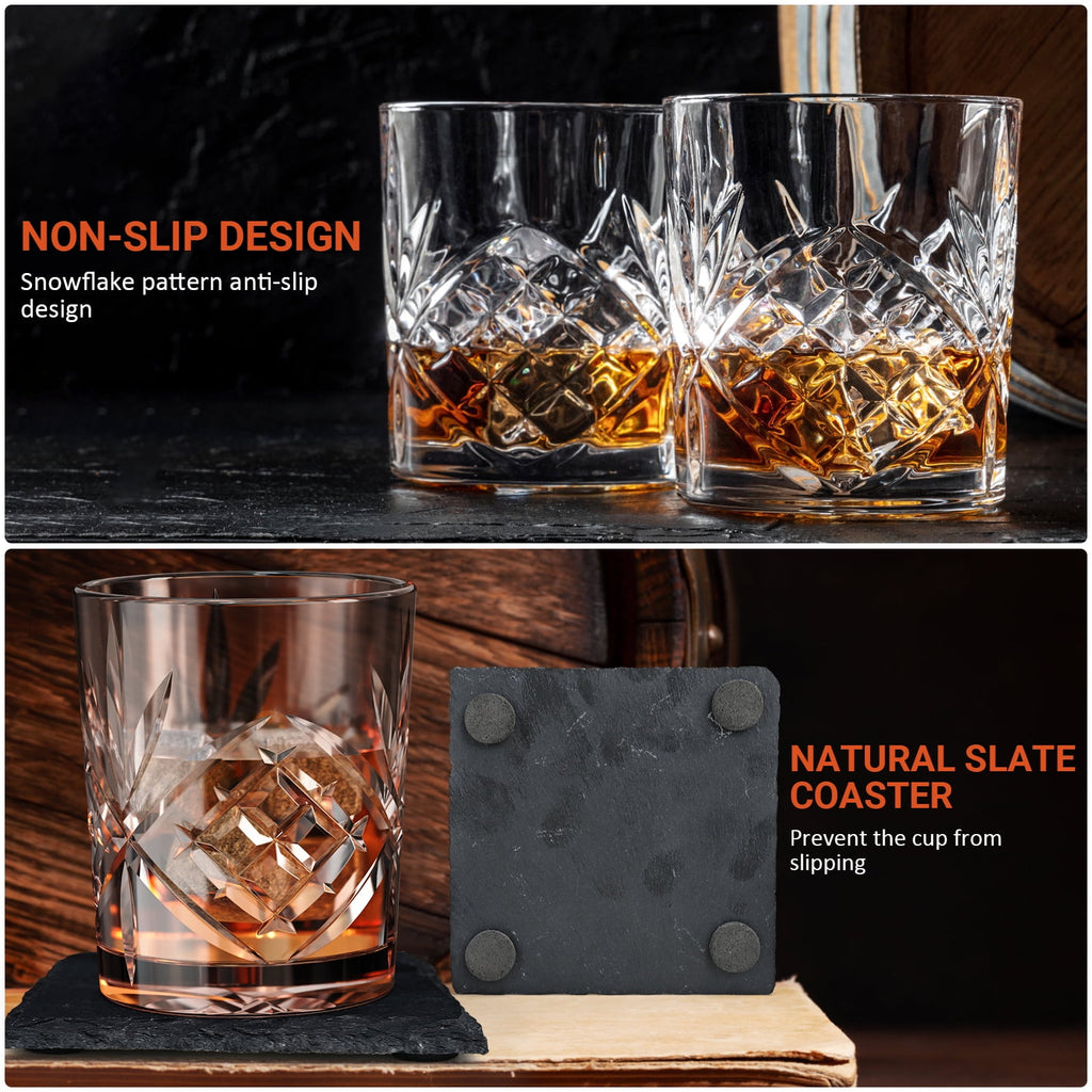 TINANA Whiskey Glass Set Gifts for Men: 11 OZ Scotch Glass, Old Fashioned Whiskey Glasses for Birthday Decorations,Ideal Gifts for Him,Dad,Husband,with Wooden Box,Chilling Stones,Coaster