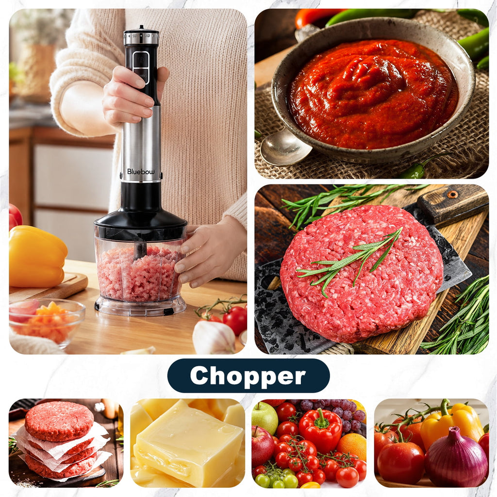 Bluebow Immersion Blender Handheld, 1100W 25 Speed 5-in-1 Stainless Steel Hand Blender with Turbo Mode, Scratch-Resistant Stick Blender for Kitchen Use, Purees Soups Smoothies, Black