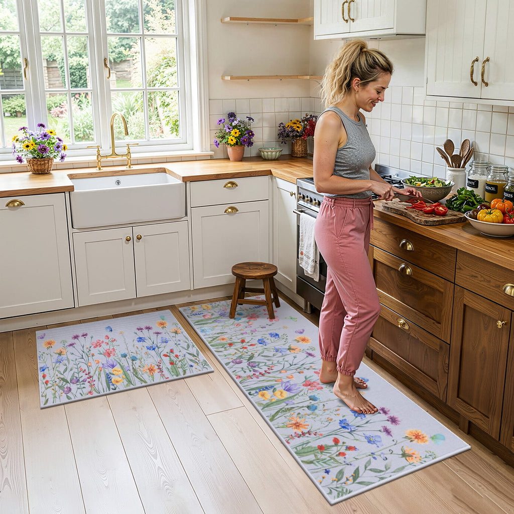 Findosom Floral Non-Slip Kitchen Rugs Set of 3,Washable Kitchen Mat Farmhouse Kitchen Floor Mats Runner for Home Sink Entrance Laundry Hallway,20"x32"+20"x47"+20"x59" Beige