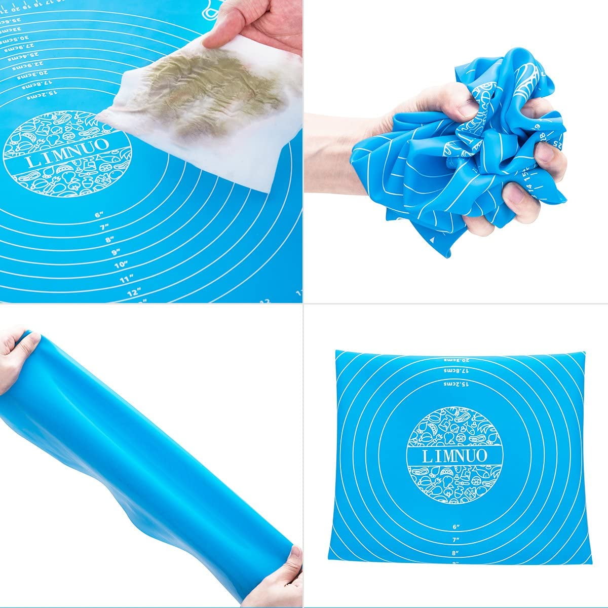 Gixusil Silicone Pastry Mat Rolling Pin Mat with Measurements Nonstick Kneading Board for Rolling Dough Reusable Thicken Pad Pie Bread Cookie Sheet Baking Oven Mat Placement Pad 15.75*19.68Inch（Blue)