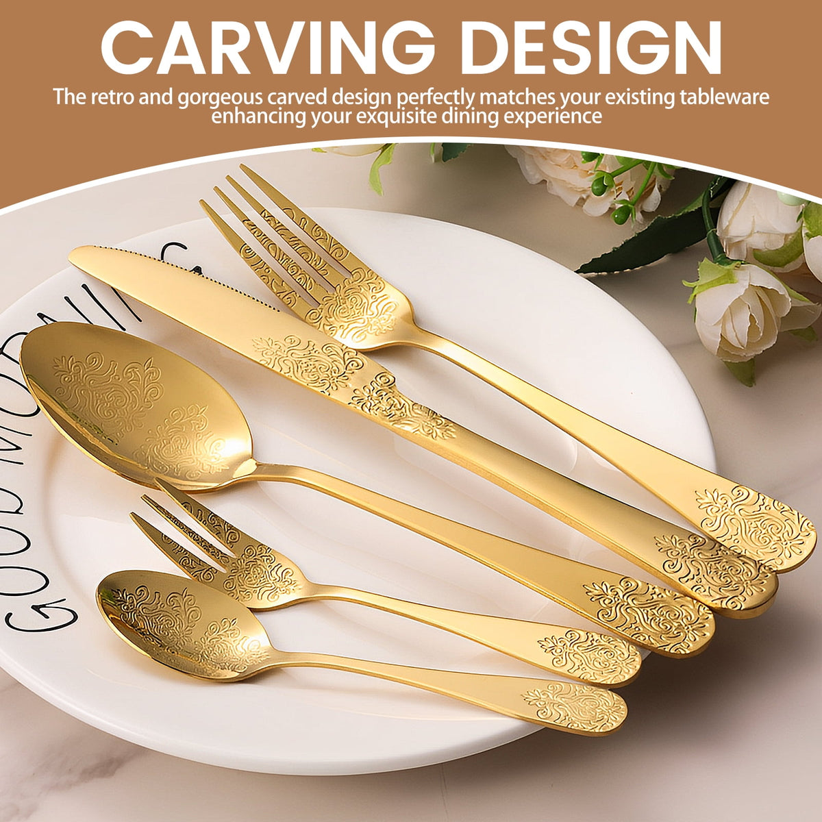 20 Pcs Floral Silverware Set Including Fork Spoon and Knife Stainless Steel Flatware Set Vintage Cutlery Set Mirror Polished Utensil Set for Kitchen Dishwasher Safe Service for 4