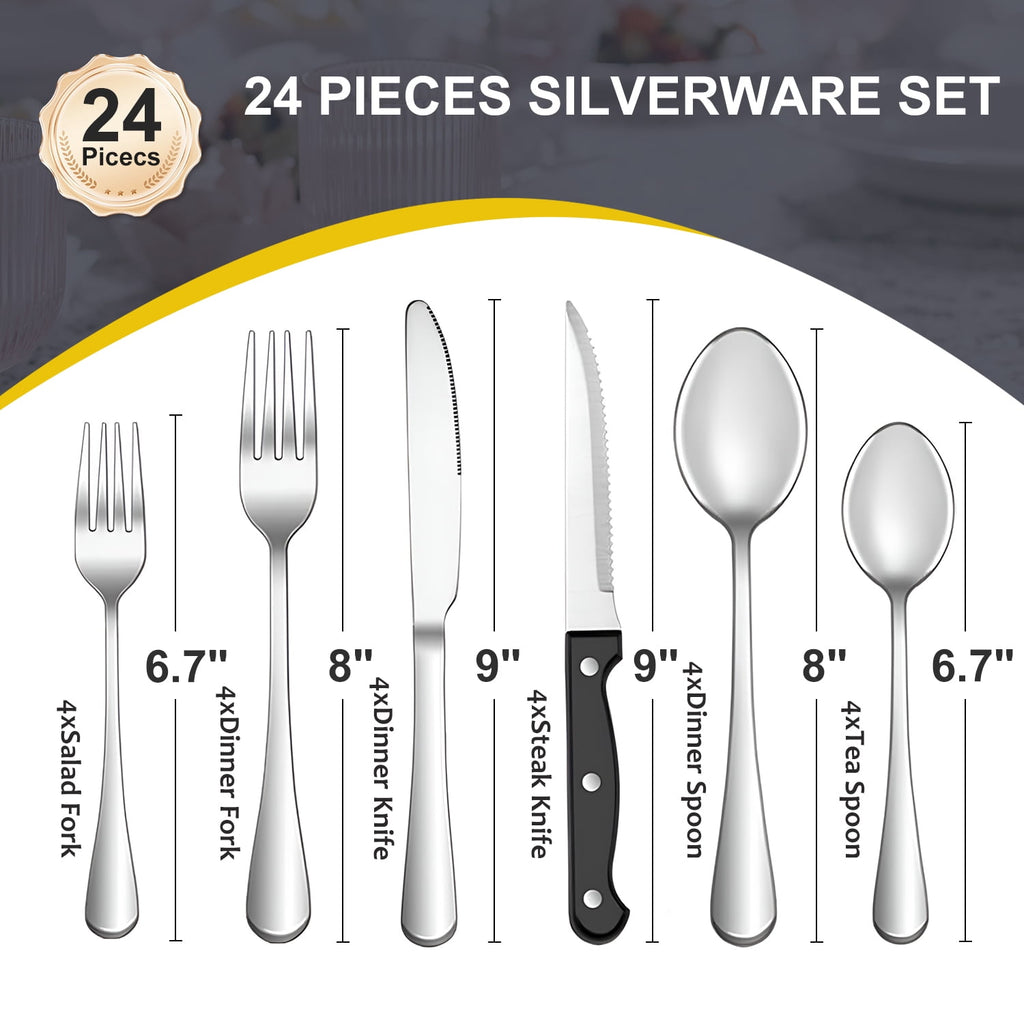 Bluebow 24-Piece Silverware Set with Steak Knives, Flatware Cutlery Set for 4, Food-Grade Stainless Steel Kitchen Tableware Set