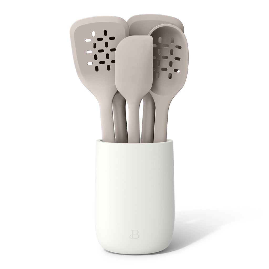 Beautiful 6-Piece Silicone Kitchen Tool Set with Ceramic Crock, Chocolate by Drew Barrymore