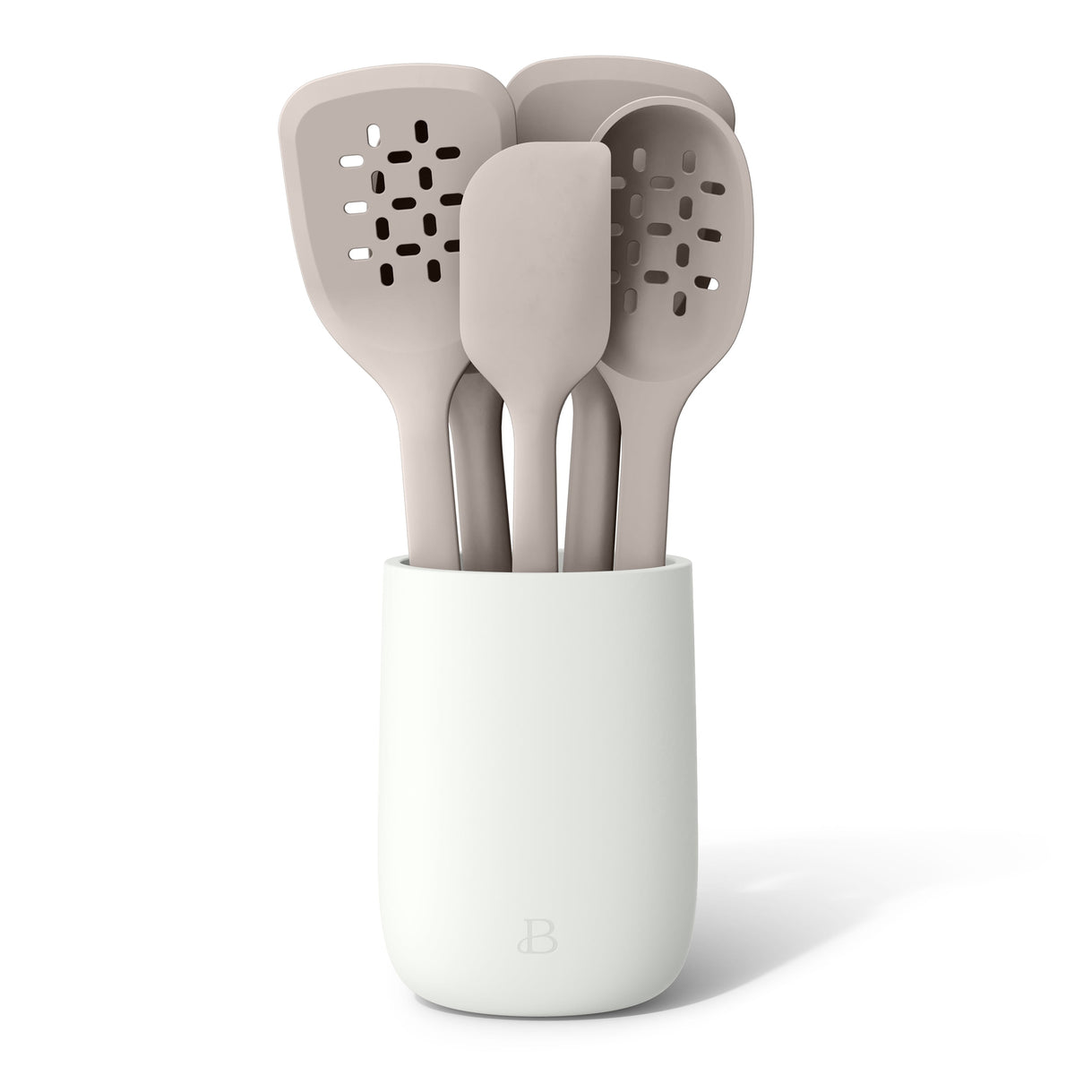 Beautiful 6-Piece Silicone Kitchen Tool Set with Ceramic Crock, Chocolate by Drew Barrymore