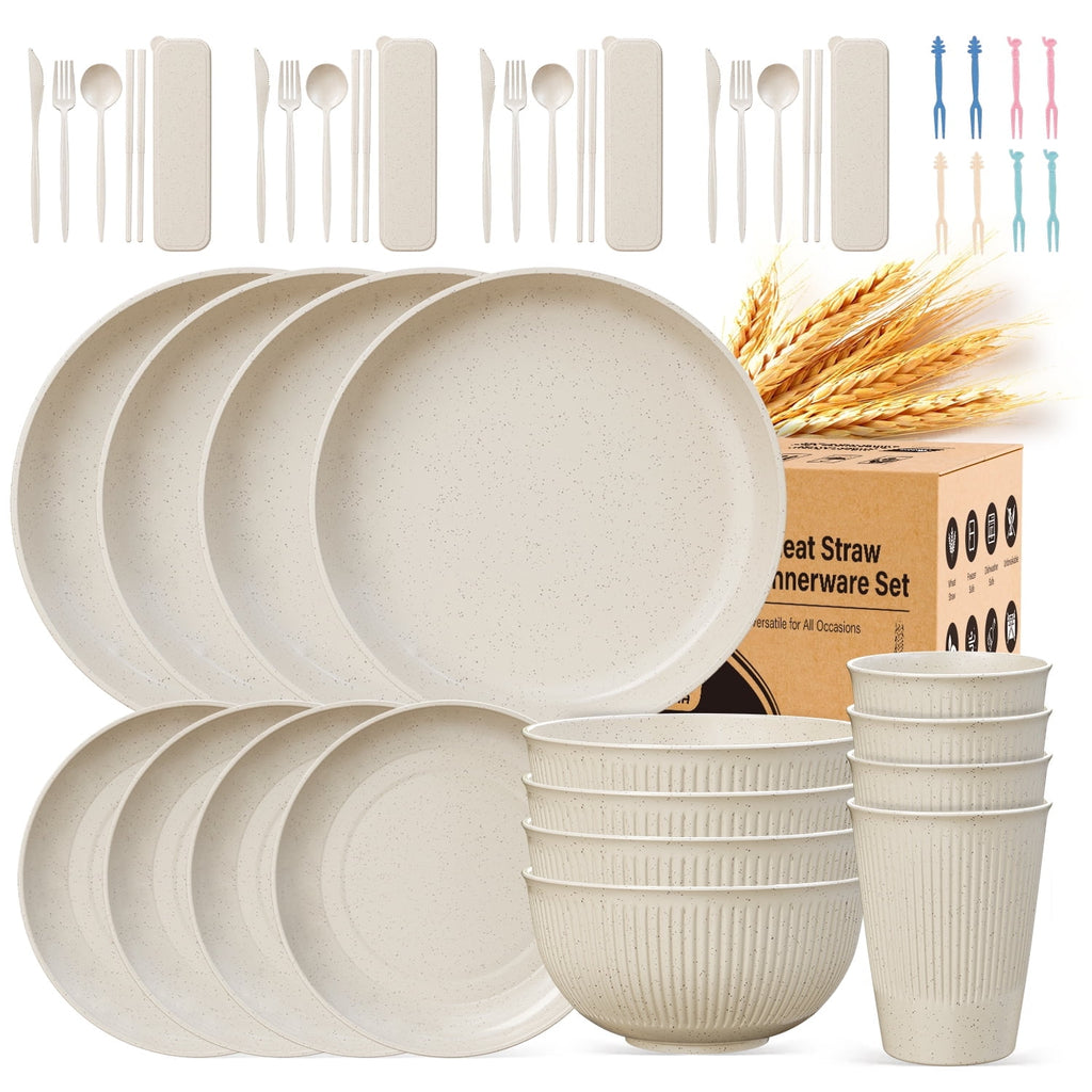 TINANA Wheat Straw Dinnerware Set, Service for 4, 48 PCS Unbreakable Plastic Plates and Bowls Sets, Dishwasher Microwave Safe, Black