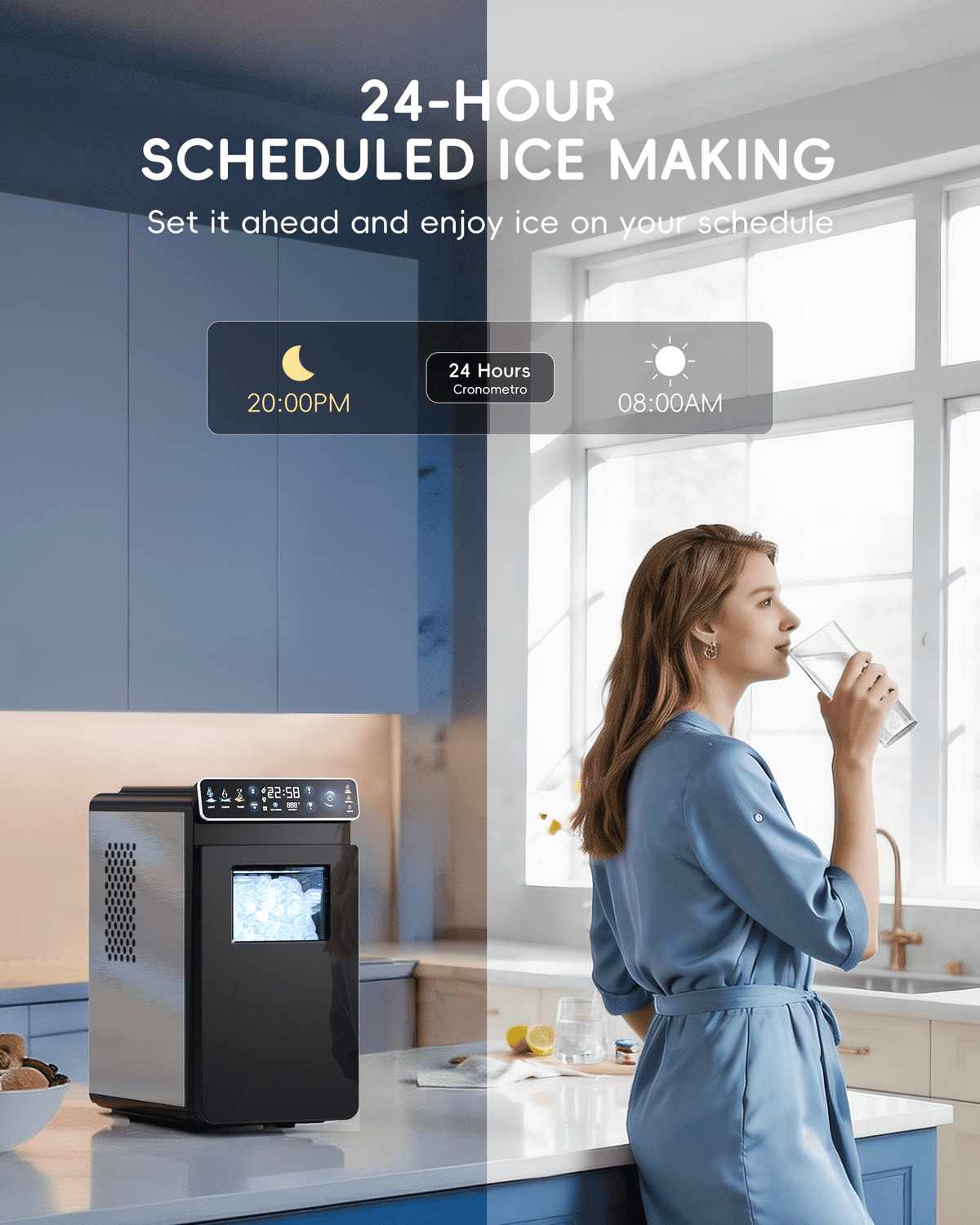Ecozy Chillio Countertop Ice Maker, Smart Ice Machine with Full-Color Display Panel and Built-in Lighting, Produces 26lbs/24H, Dual-Layer Insulation