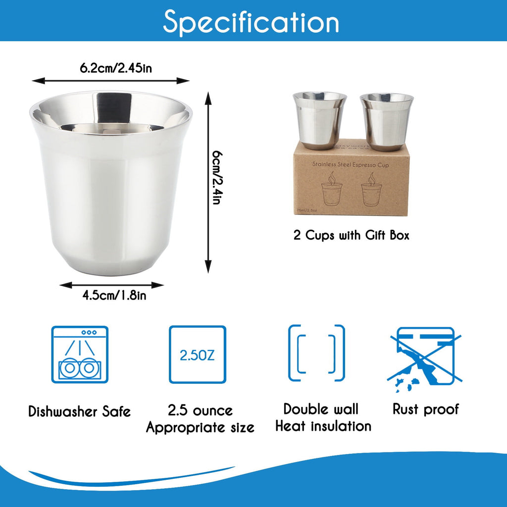 Easyworkz Stainless Steel Espresso Cup 2pcs-Set Double Wall Insulated Demitasse Cups, 2.5 oz Chrome