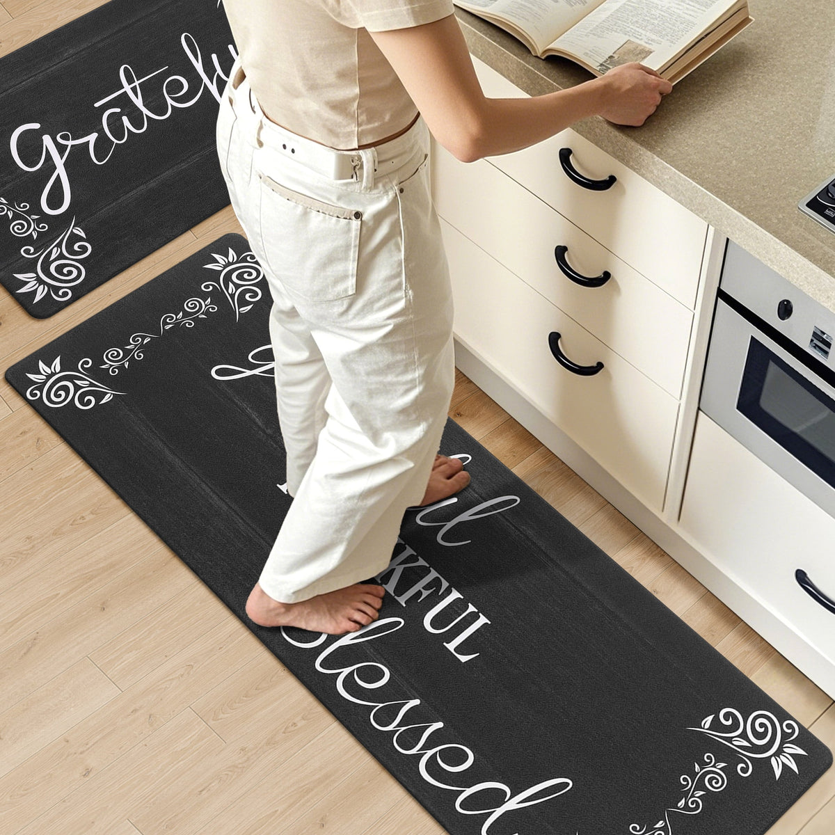 MeyJey Farmhouse Kitchen Rug Set of 2, Non-Slip Anti-Fatigue Waterproof Cushioned Mat for Kitchen, Dining & Laundry Room, 18"x30"+18"x48" Teal/Brown