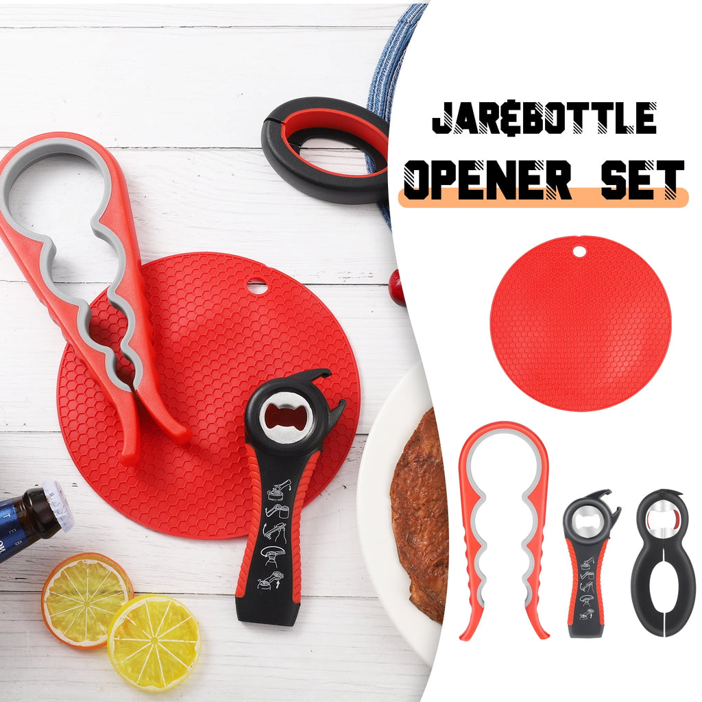 sixwipe 4 Pack Jar Opener Bottle Opener for Weak Hands, 5 in 1 Multi Function Opener Bottle Opener Kit, Jar Opener with Silicone Handle, Jar Openers for Seniors with Arthritis, Jar Opener Gripper Pad