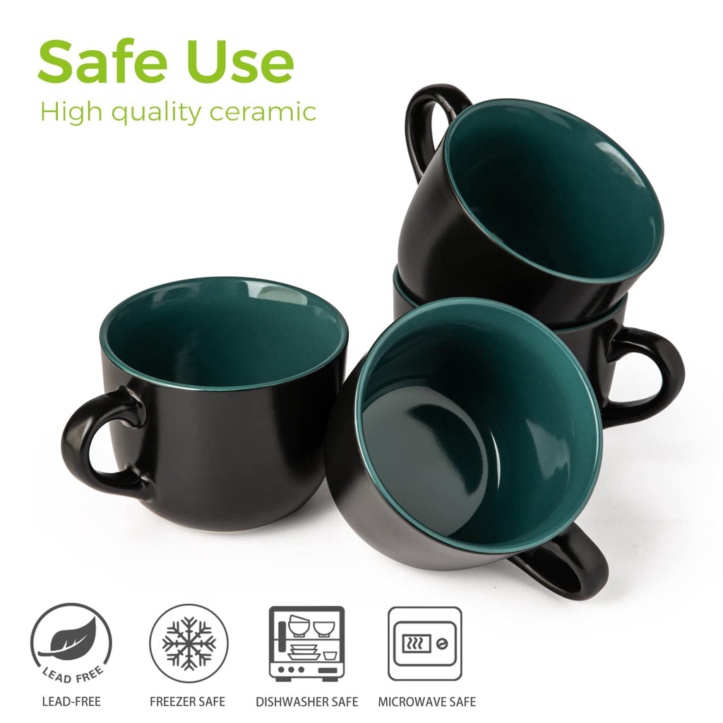 AmorArc Ceramic Soup Mugs with Lid, 24 oz Soup Cups with Hanlde for Coffee,Cereal,Salad,Noodles,Tea,Soup Bowls Cups,Microwave &Dishwasher Safe, Set of 4, Blue with Vented lid
