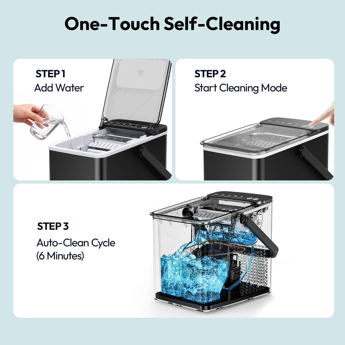 EUHOMY Countertop Ice Maker with Handle, 26 lbs/Day Portable Ice Machine, 9 Bullet Cubes in 6 Minutes, 2 Ice Sizes, Self-Cleaning, 1.1L Water Tank, Black