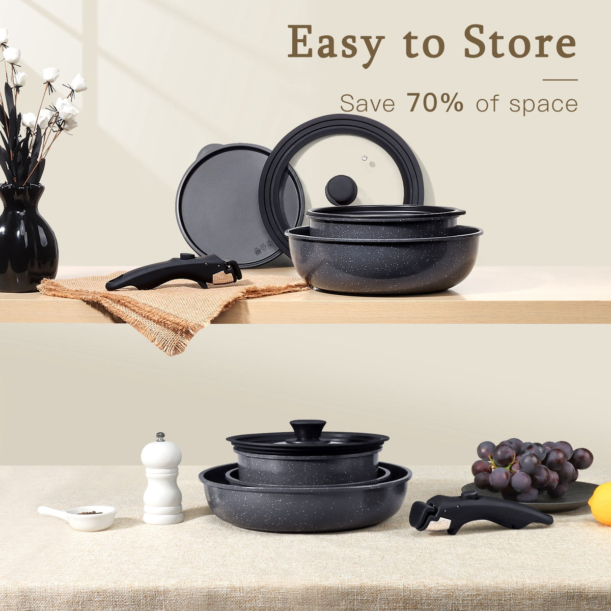 Gipp 11pcs Ceramic Cookware Sets, Pots and Pans Set Non Stick with Removable Handle, Oven & Dishwasher Safe,Induction Cookware