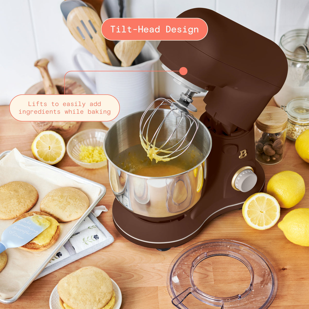Beautiful 3.5 Qt Stand Mixer with Flat Beater, Dough Hook, Balloon Whisk, Chocolate by Drew Barrymore