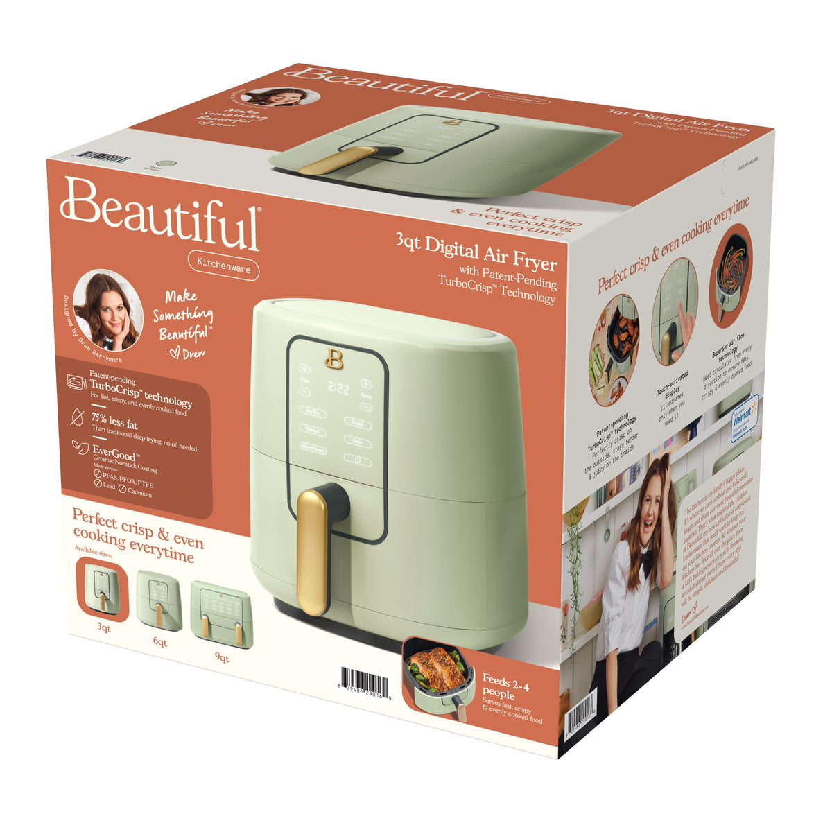 Beautiful 3 Qt Air Fryer with TurboCrisp Technology, EverGood Non-Toxic Ceramic Nonstick Coating, Chocolate by Drew Barrymore