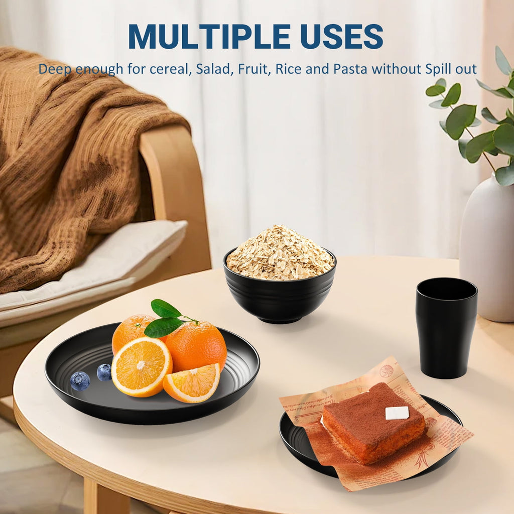 TINANA Wheat Straw Dinnerware Sets, Service for 8, 32 PCS Unbreakable Dinnerware,Microwave Dishwasher Safe - Black