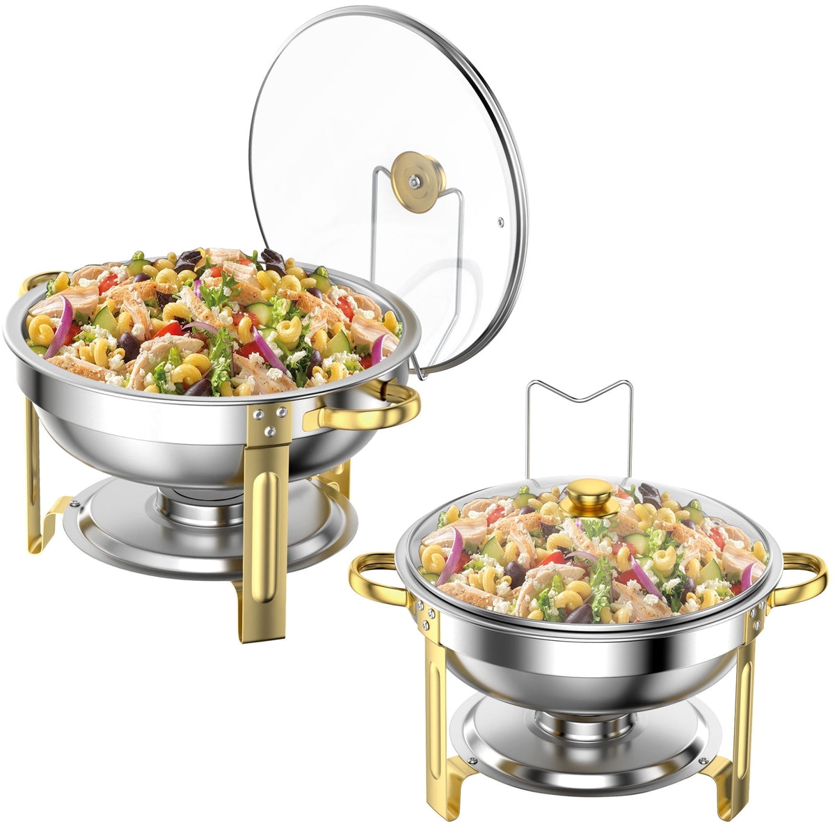 Chafing Dish Buffet Set 2 Pack: TINANA 5QT Stainless Steel Chafing Dishes for Buffet with Glass Lid & Lid Holder, Round Chafers and Buffet Warmers Sets for Parties, Events, Wedding, Camping, Dinner