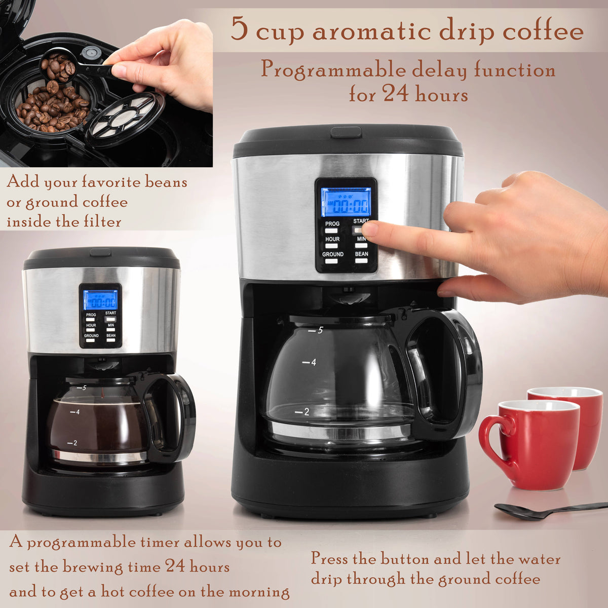 Mixpresso 12 Cup Coffee Pot, Auto-Off & Reusable Filter, Large Drip Coffee Maker 12 Cup Borosilicate Glass Carafe, Anti-Drip Coffee Machine Water Level Window, Black Electric Coffee Maker