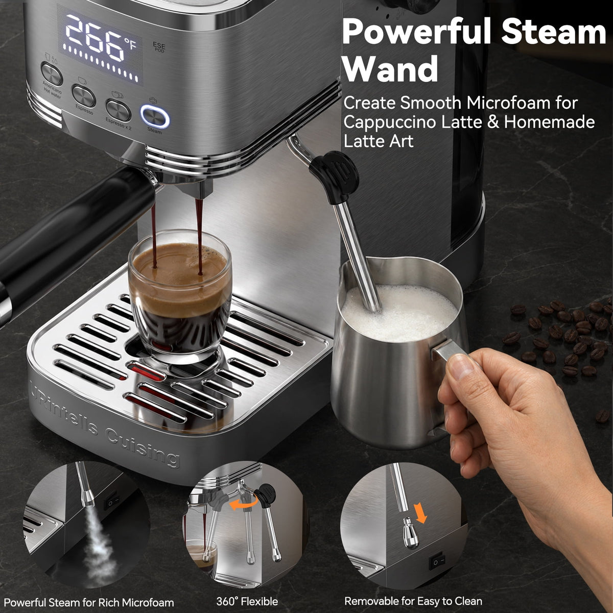 URintells Cuising 20 Bar Espresso Machine with Milk Frother, Built-in Timer, 1350 W Coffee Maker for Cappuccino, Latte & Americano