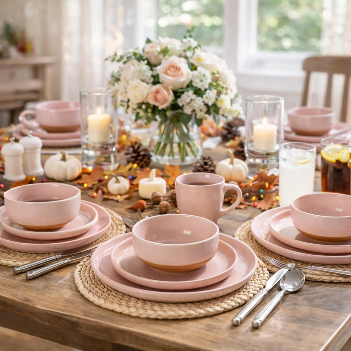 AmorArc Ceramic Dinnerware Sets for 4, 12 Pieces Handpainted Plates and Bowls Set with Rustic Terracotta Underside, Scratch Resistant Stoneware Dishes Set, Dishwasher & Microwave Safe,Light Beige