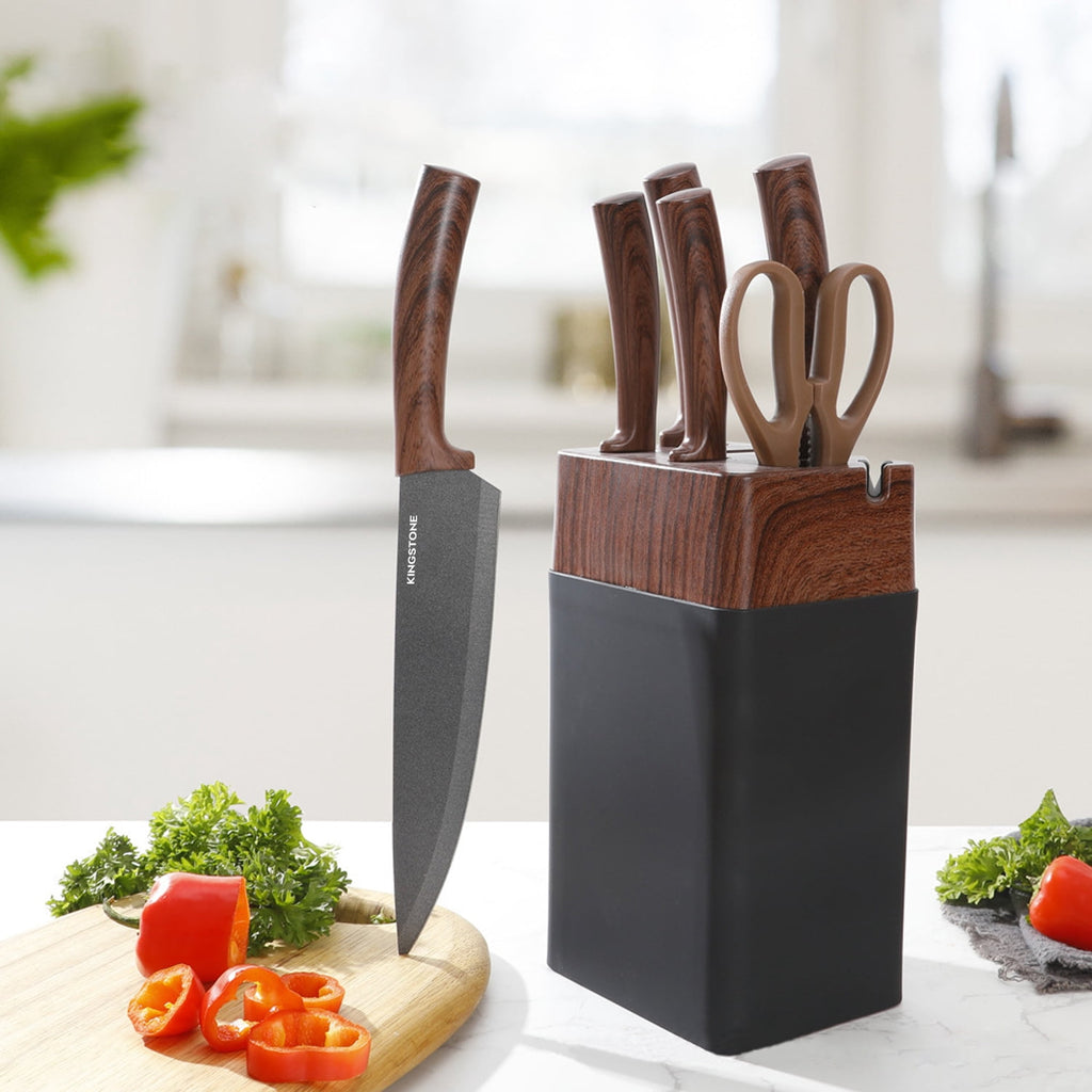 KINGSTONE 7-Piece Kitchen Knife Set with Cutting Board & Sharpener, 408 Stainless Steel Cutlery, Dishwasher Safe Block Set