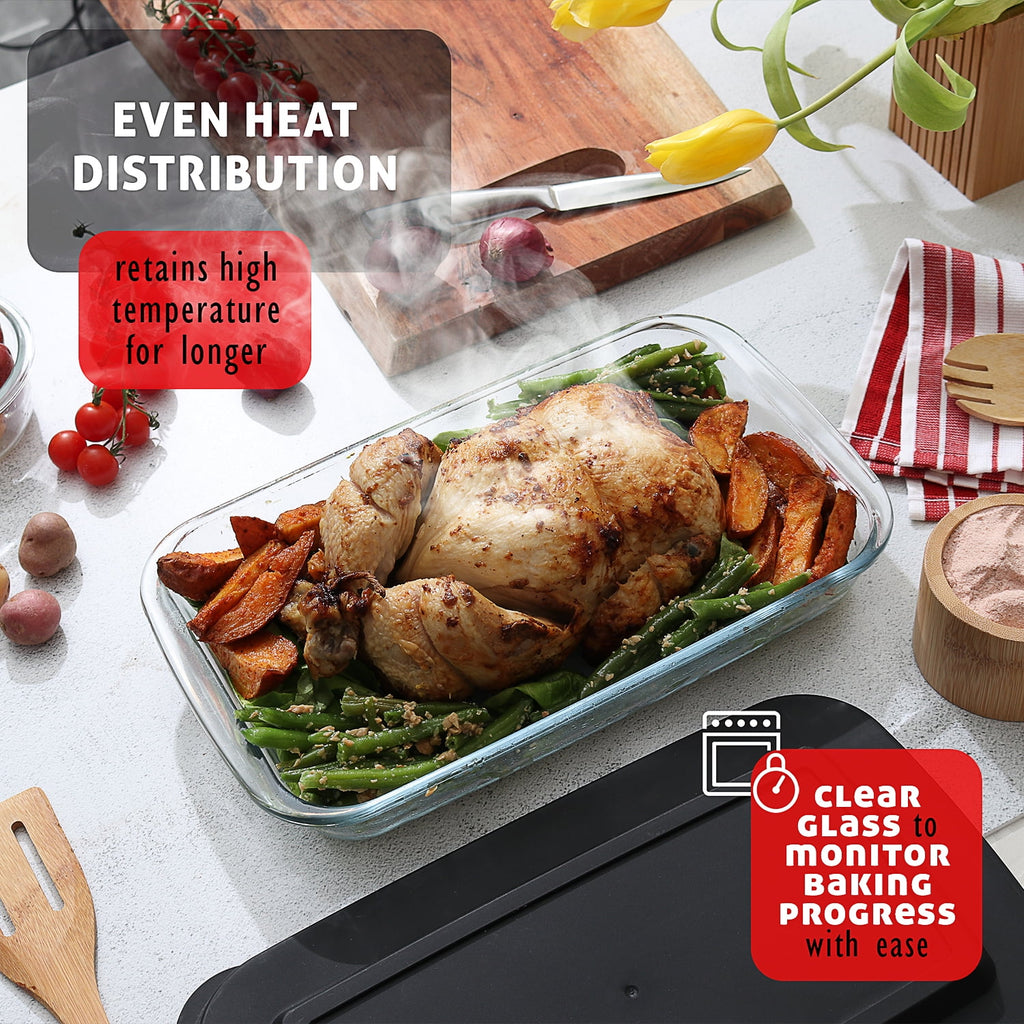 Virtu Casserole Glass Baking Dish, 8pc Stackable Glass Food Storage Containers with Airtight Lids and Grip Handles, Black