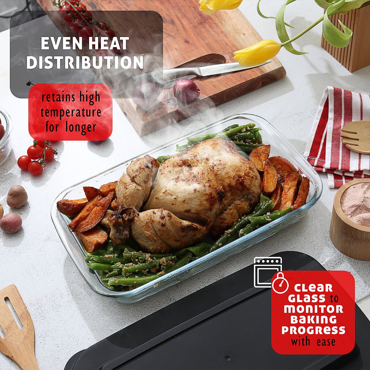 Virtu Casserole Glass Baking Dish, 8pc Stackable Glass Food Storage Containers with Airtight Lids and Grip Handles, Black