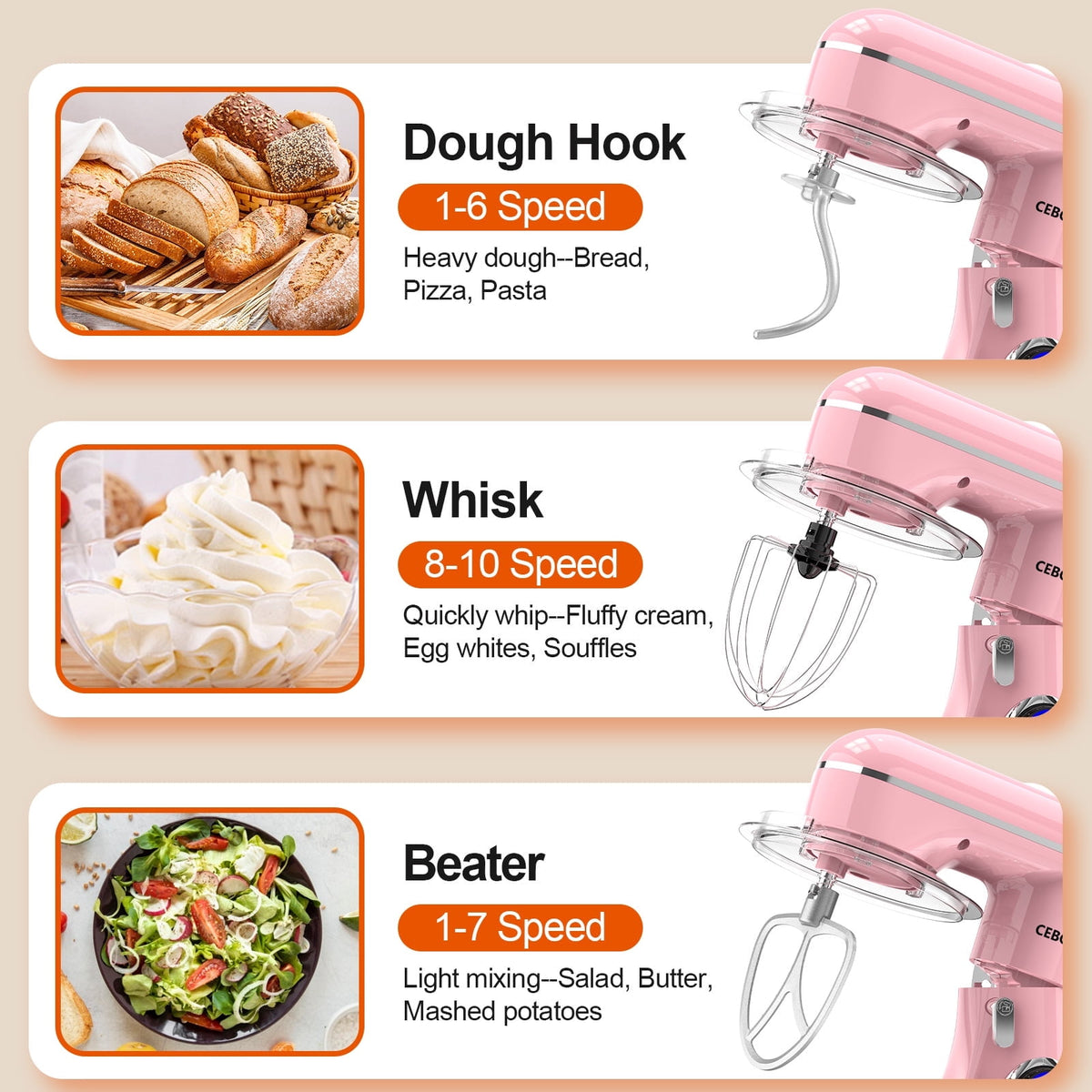 CEBORY 3-IN-1 Stand Mixer, 6.5 QT Tilt-Head 10-Speed Food Mixer, Kitchen Electric Mixer with Dough Hook, Beater, Whisk, Bowl for Most Home Cooks