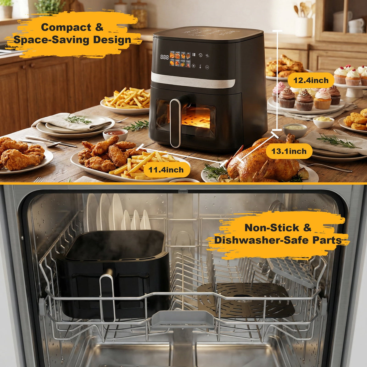 Bluebow 8QT Air Fryer, 8-in-1 Presets Electric Hot Oven with Digital LED Touchscreen, Non-stick Dishwasher-Safe Basket, Easy View Window, Black
