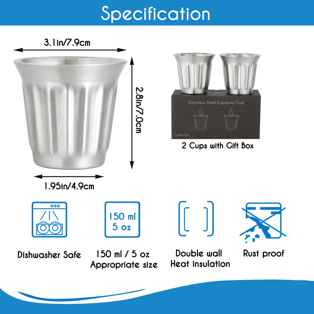 Easyworkz Stainless Steel Espresso Cup 2pcs-Set Double Wall Insulated Demitasse Cups, 2.5 oz Chrome