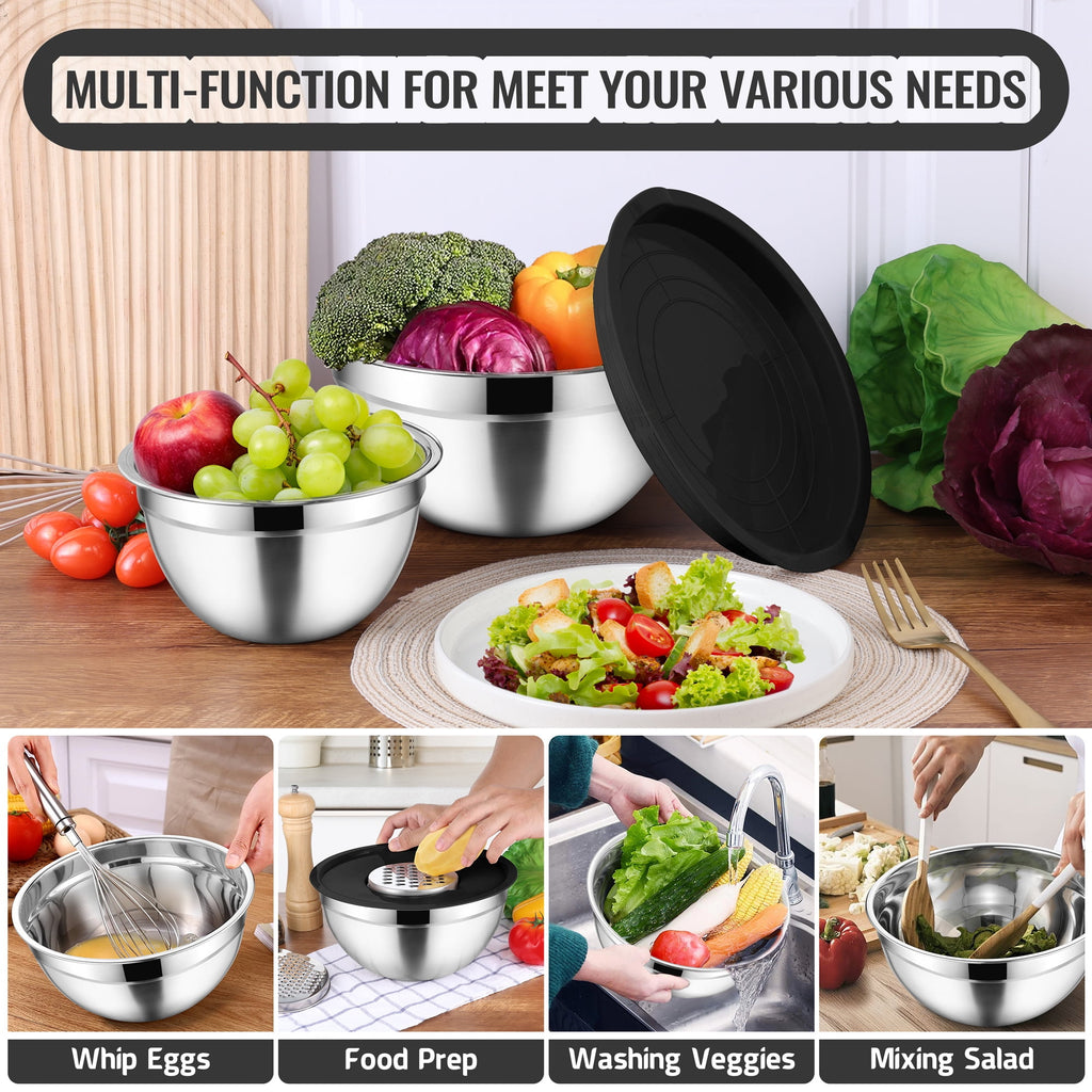 Mixing Bowls with Lids Set of 9, Vesteel Stainless Steel Mixing Bowls Metal Nesting Salad Bowls Attach with 3 Graters for Kitchen Grating/ Shredding, Size 4.6, 2.6, 2, 1.5, 1, 0.7 QT - Multi-Color