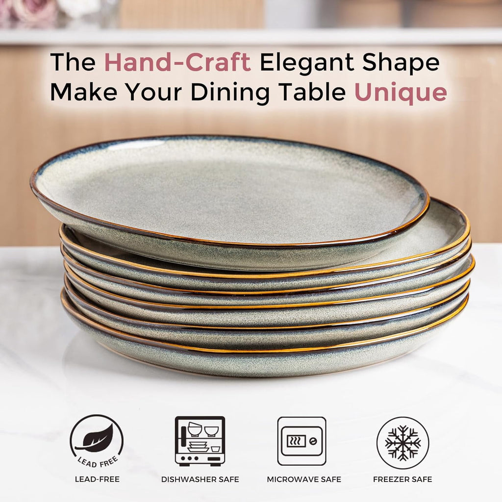 AmorArc Ceramic Dinner Plates Set of 6,10.5 Inch Handmade Reactive Glaze Stoneware Plates,Large Rustic Shape Dinnerware Dish Set for Kitchen, Microwave & Dishwasher Safe,Scratch Resistant-Pearl White